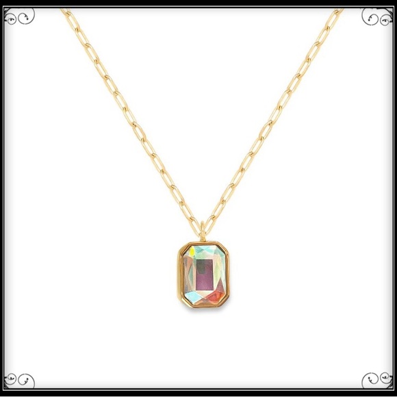 14k Gold Aurora Borealis Prism Emerald Cut Crystal Minimalist Paperclip Necklace - Picture 7 of 9